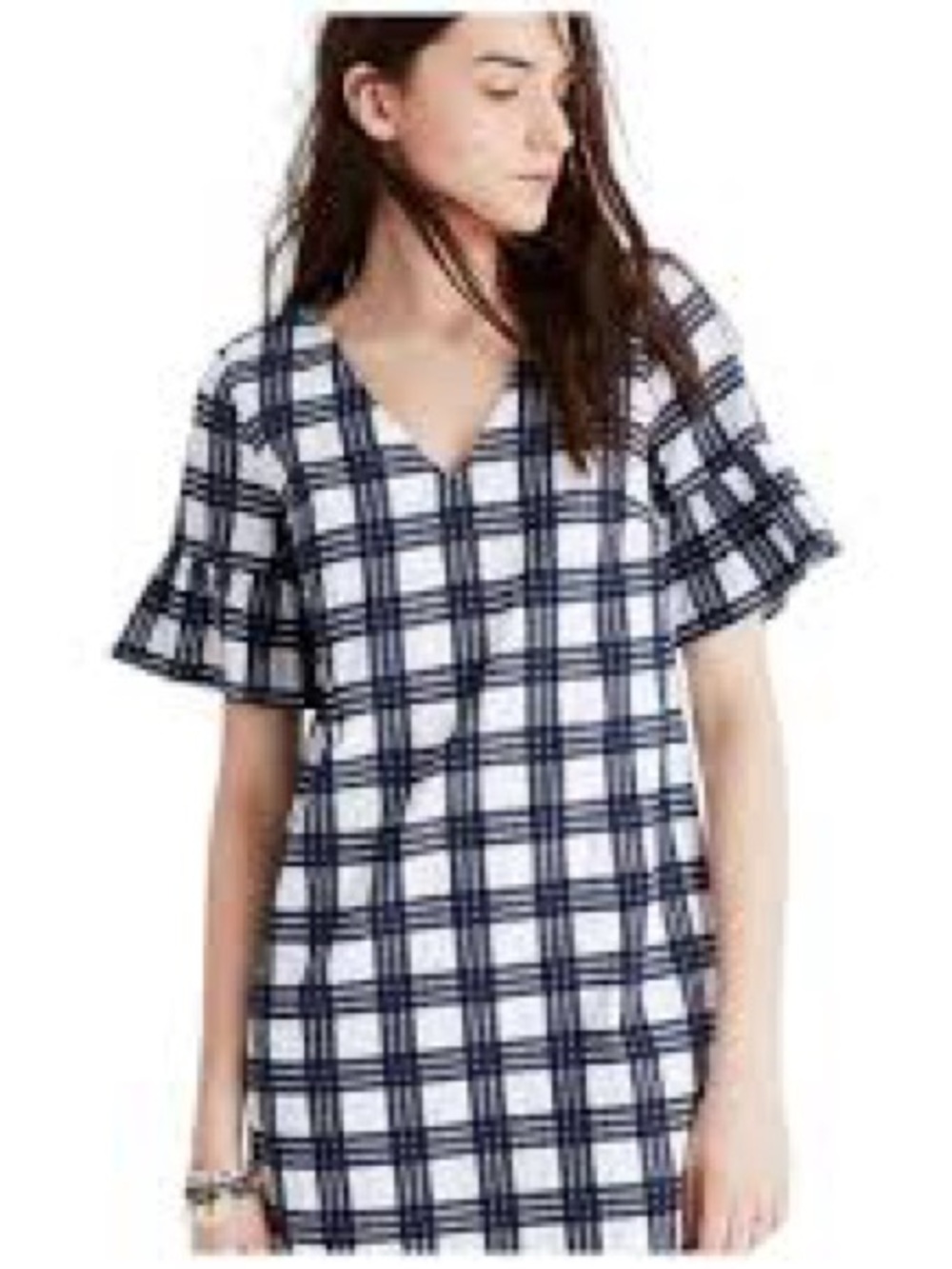 Madewell Plaid V-Neck Ruffle Sleeve Women's Top - Navy & White